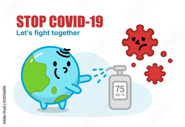 Obraz Cartoon earth washing hands and using sanitizer to stop spreading diseases of coronavirus prevention