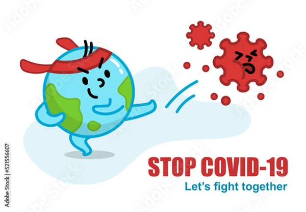 Obraz Cartoon earth character kick coronavirus away