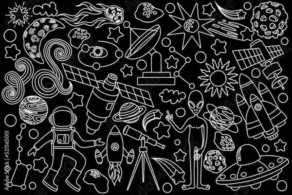Fototapeta Space doodles set. Astronomy. Cosmic sketches. Zodiac. Planets. Moon and stars. Sun. Spaceship. Meteor. Comet. Alien. Asteroid. Cosmic set. Constellation. Space stickers. Universe scribbles. Galaxy.