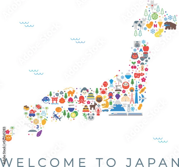 Obraz イラスト素材:日本のカラフルアイコン地図（線幅変更可能）	