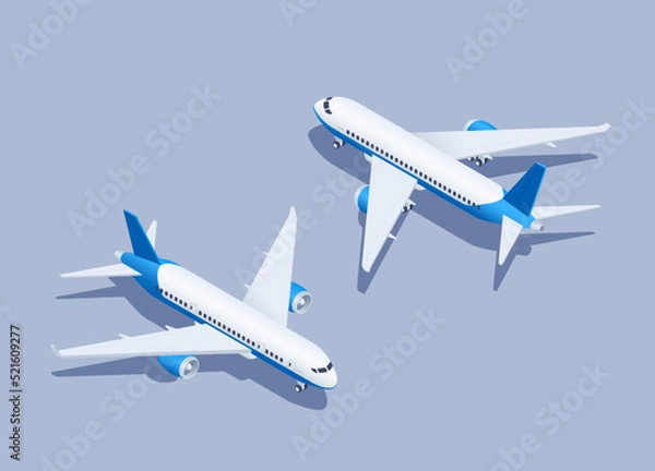 Fototapeta isometric vector illustration on gray background, civil passenger plane back and front view, air transport or airplane