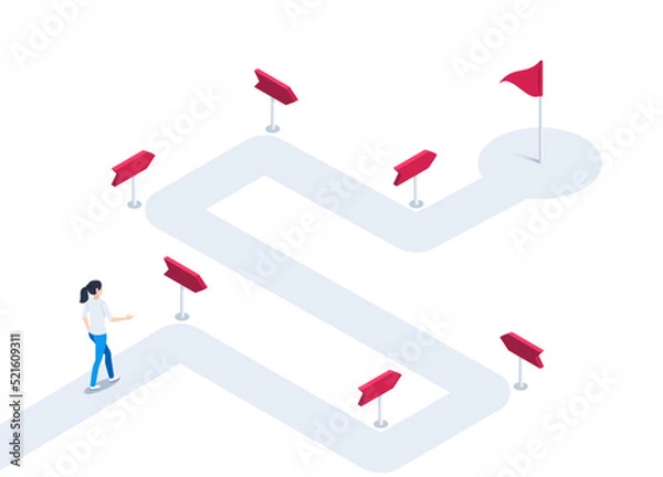 Fototapeta isometric vector illustration on a white background, a woman in business clothes walks along a winding path with pointers leading to a flag, a road or route to success