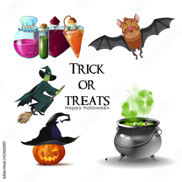 Fototapeta Halloween illustration set: test-tubes, a witch, pumpkin, cauldron, bat