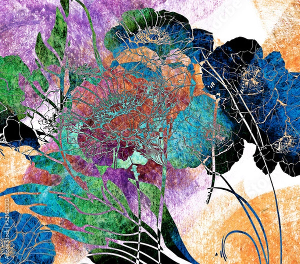 Fototapeta Abstract graphic color drawing of poppies. Picturesque flowers on a pencil background hatching. Template for textures.