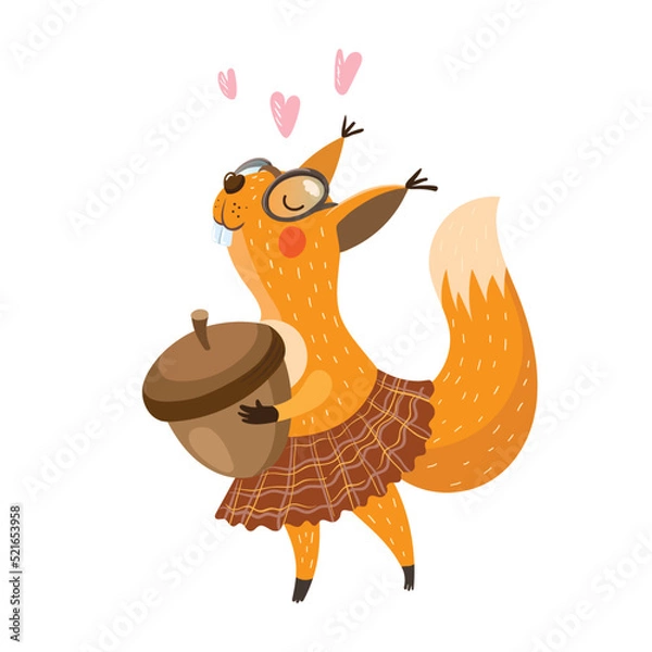 Fototapeta Cute red squirrel with acorn. Vector illustration