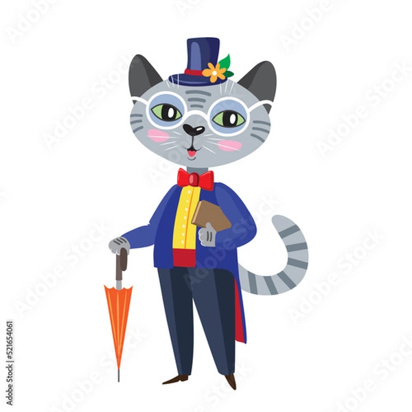 Fototapeta Cute gray cat with an umbrella and a hat.