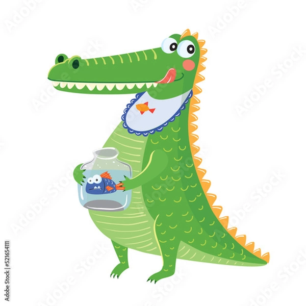 Fototapeta Cute crocodile, funny alligator predator with a fish.