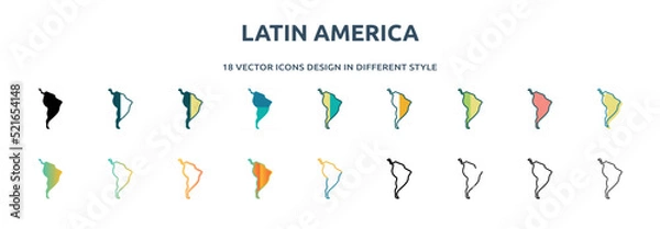 Obraz latin america icon in 18 different styles such as thin line, thick line, two color, glyph, colorful, lineal color, detailed, stroke and gradient. set of latin america vector for web, mobile, ui