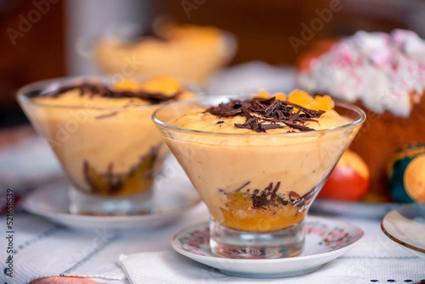 Obraz Orange Curd With Dark Chocolate. Homemade Dessert Of Oranges In Glass Bowls. Custard Cream Based On Juice. Treat For Coffee. Grandmother's Recipe. Selective Focus. Close Up.