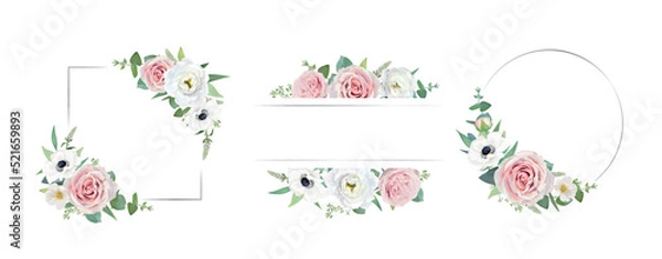 Fototapeta Watercolor vector flower frames set. Garden pink roses, white anemones, lisanthus, seeded eucalyptus branches and greenery leaves. Wedding invite, save the date, greeting card editable template design