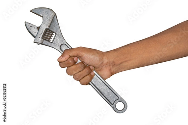Obraz Hand of car mechanic with a wrench. Isolated over white background.
