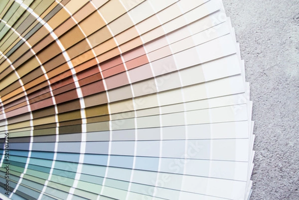 Fototapeta Multicolor paint samples - color swatch for interior design. Gray concrete cracked background