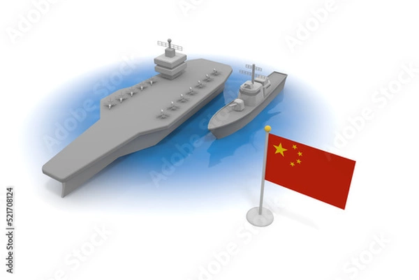 Fototapeta Chinese flag. Aircraft carrier on the sea. Two ships sailing. Destroyer. cruiser.