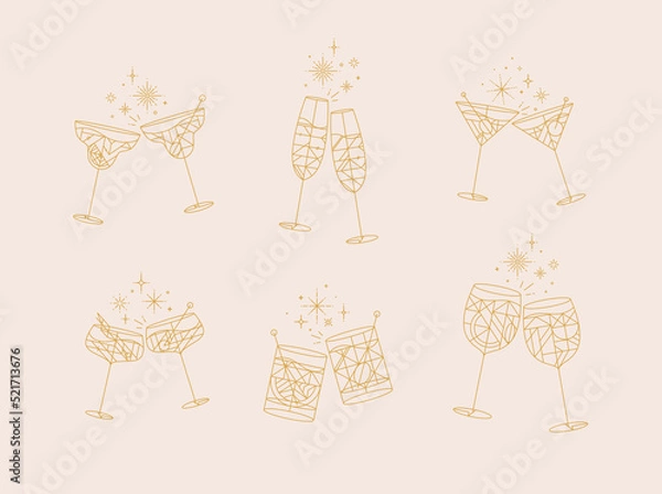 Fototapeta Cocktail glasses cheers for prosecco, wine, whiskey, vermouth, gin, martini, aperol, margarita in modern flat line style