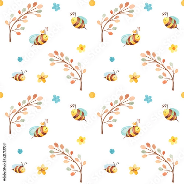 Fototapeta Watercolor seamless pattern at white background with cute cartoon bees. Little bee flying between colorful tree and flowers. Art for textile in children nursery.