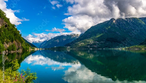 Fototapeta Amazing nature view with fjord and mountains. Beautiful reflection. Location: Scandinavian Mountains, Norway. Artistic picture. Beauty world. The feeling of complete freedom