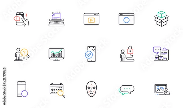 Fototapeta Photo studio, Packing boxes and Recovery internet line icons for website, printing. Collection of Approved phone, Statistics, Search calendar icons. Recovery phone, Lock. Vector