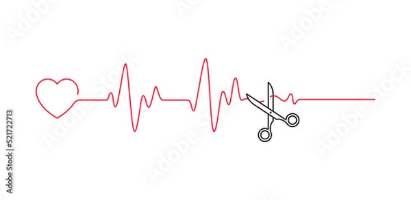 Fototapeta Heart beat pulse line cut off scissors vector illustration. Concept end of life outline style