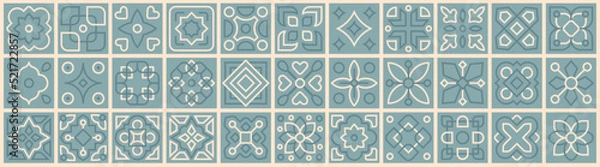 Fototapeta Patchwork from Azulejo tiles Portugal and Spain ornate collection. Set decor geometric and floral retro tiles pattern for ceramic floor and wall vector illustration