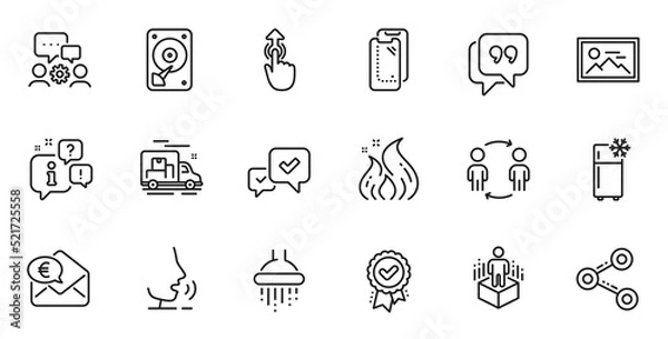Fototapeta Outline set of Fire energy, Quote bubble and Engineering team line icons for web application. Talk, information, delivery truck outline icon. Vector