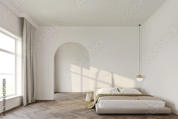 Fototapeta 3d render of a minimalistic classic style bedroom, bas-relief decor on the wall, wooden parquet, decoration.  Archway for the entrance. Mockup frame	
