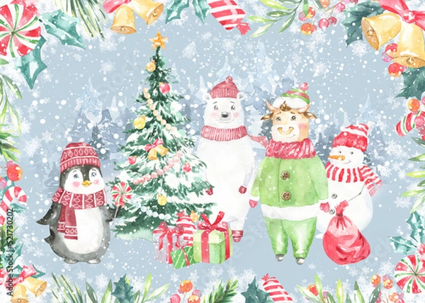Fototapeta Watercolor winter forest,Christmas card illustration. Happy New Year characters, Pinguin,Christmas tree, bear in warm clothes, bull, floral frame,greenery, snowfall, Christmas Eve,greeting card, print
