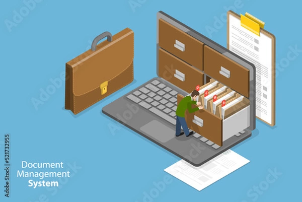Obraz 3D Isometric Flat Vector Conceptual Illustration of Document Management System, Electronic File Organization Service, Paperless Office