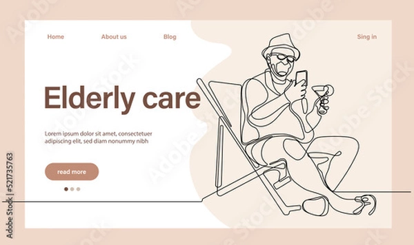 Obraz Programs for Seniors Landing Page Template. Elderly Health Care. Elderly care. Cartoon People Vector Illustration.