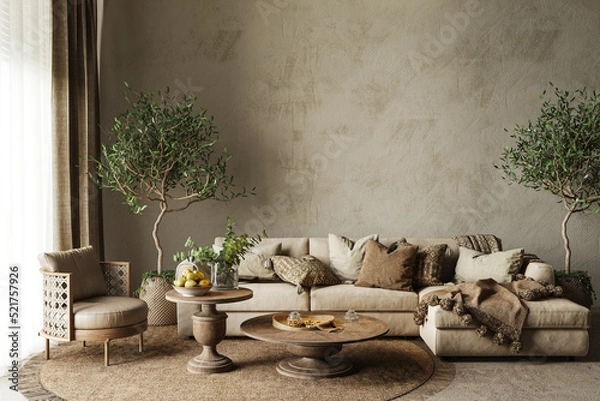 Fototapeta A living room filled with furniture and vase of plants on a table. High quality illustration 3d rendering scandinavian boho style.