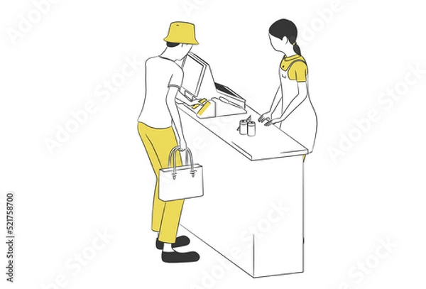 Fototapeta スマートフォンで支払いをする客と店員のシンプルなイラスト