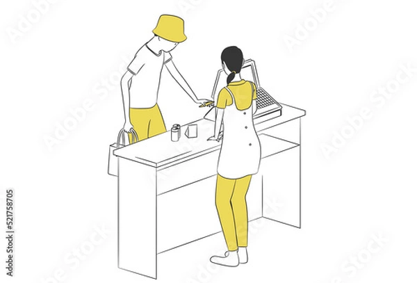 Obraz スマートフォンで支払いをする客と店員のシンプルなイラスト