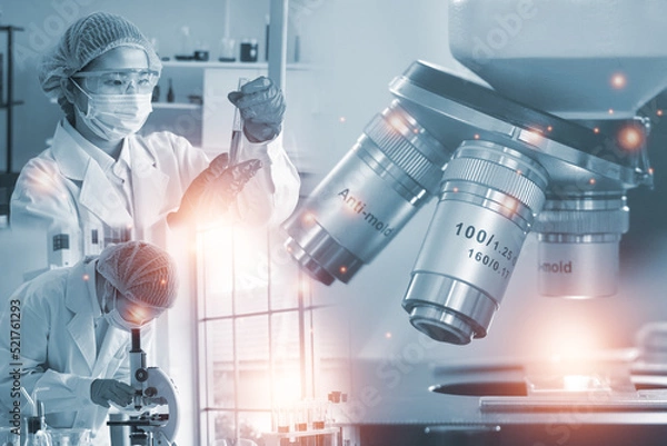 Obraz Double exposure microscope and Young woman scientific using equipment in the laboratory for research.Biotechnology,development,chemical,vaccine,COVID-19. Photo concept experimentation and research.