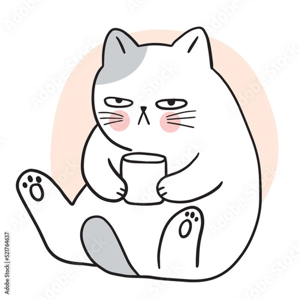 Obraz Cartoon cute boring cat drink coffee vector.