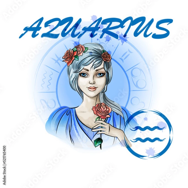 Obraz Zodiac sign Aquarius.Portrait of a lady with roses in the zodiac circle