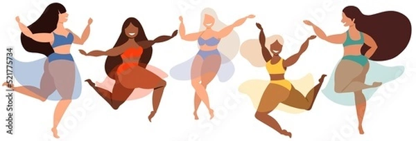 Fototapeta Female dancers in colourful bikini and transparent skirts. Happy women smiling, jumping and having fun. Modern vector illustration. Ladies in swimsuits. Popular design elements for web.