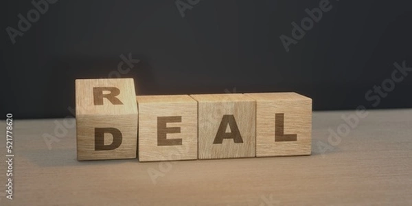 Fototapeta Real deal wooden block cubes flip. 3D render concept illustration with empty space for copy paste text.
