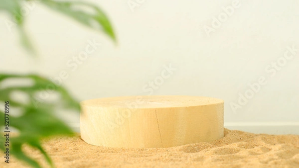 Fototapeta Natural product display stand, real wood product display stand, with copy space for displaying product design on blurry carpet floor, website ad banner, natural looking,
