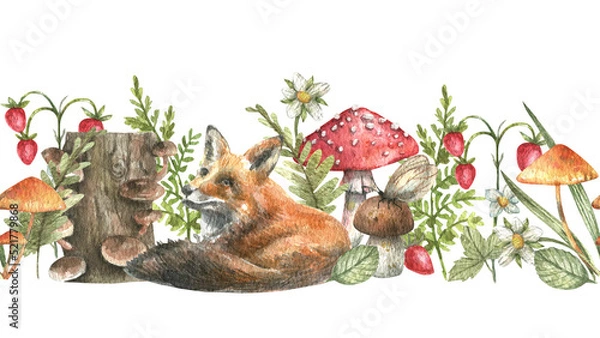 Obraz Forest seamless horizontal border with hand drawn watercolor mushrooms, branches, foxes, herbs, leaves, berries on a white background. Endless, watercolor floral illustration for banners, wallpapers