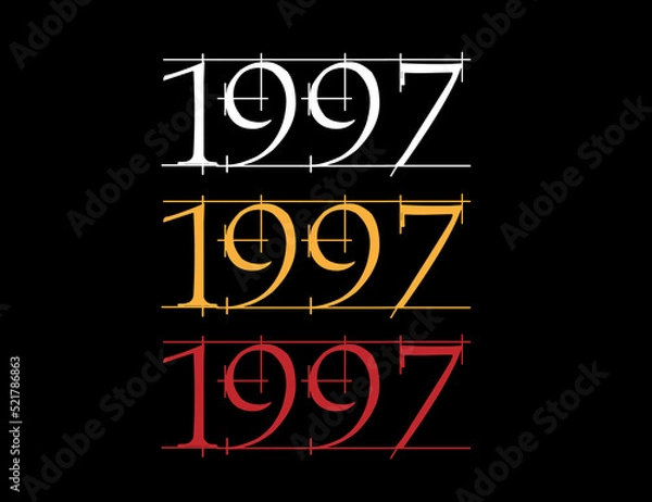 Fototapeta Scratched font year 1997. Numeral in white, orange and red on black background.