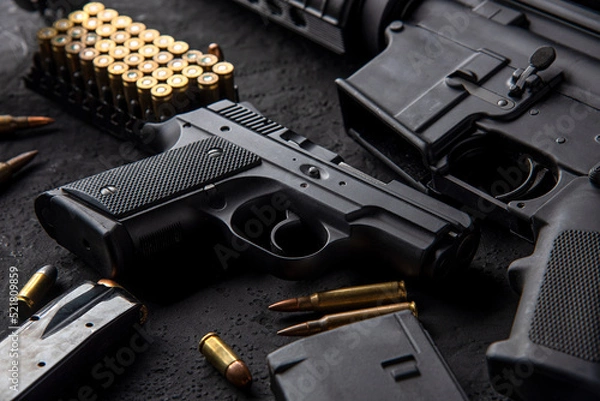 Fototapeta Gun with ammunition on table background. 