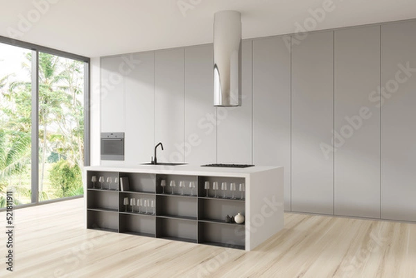 Fototapeta Corner view on bright studio room interior with bar counter