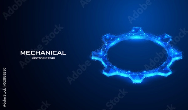 Obraz Abstract digital low poly isometric 3d gear. Cog wheel mechanism engineering in dark blue background. lines and dots mesh structure concept vector background.