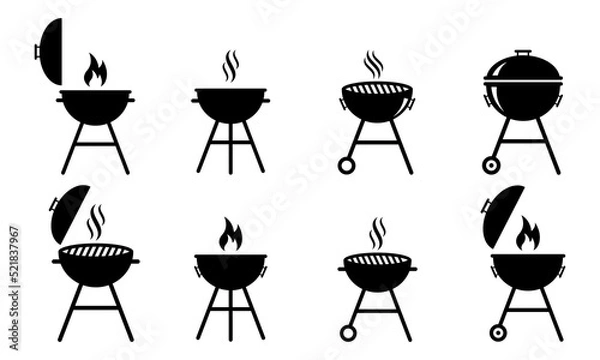 Fototapeta Set of grill vector icons. BBQ with lattice. Barbecue with cover and smoke. Black silhouette BBQ grill. Cook on backyard.