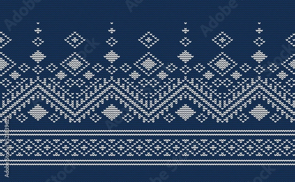 Fototapeta White and Blue Knitted Pattern Vector, Embroidery Style Background, Ethnic Continuous wallpaper