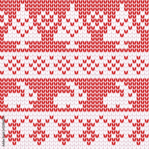 Fototapeta Scandinavian ornamental christmas knitted pattern, red and white snowflakes, rabbits, christmas trees	
