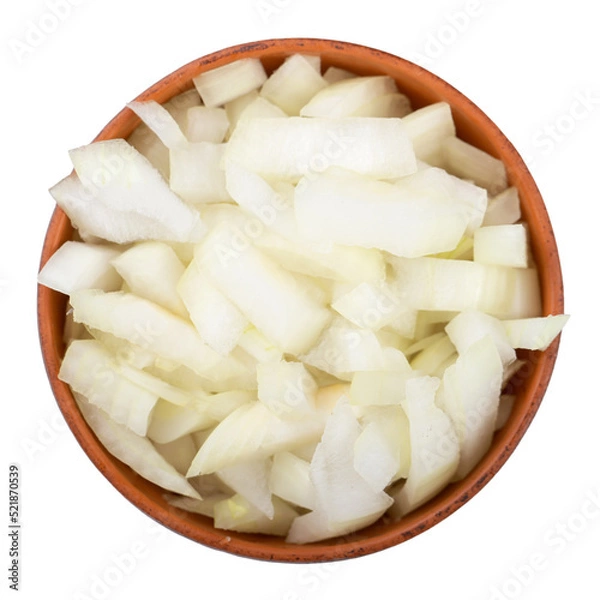 Obraz White onion chopped in a clay bowl. Vegetables, ingredients and staple foods. Isolated macro food photo close top on white background.
