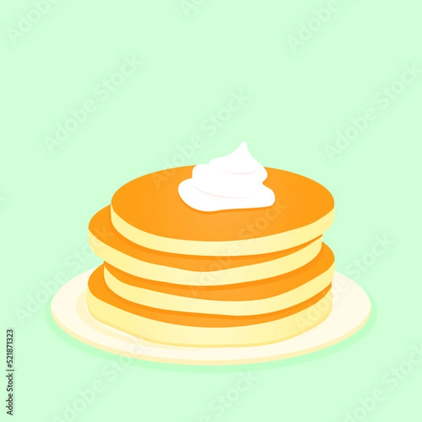 Obraz Simple pancakes on plate with cream in flat design on green background. Baking, breakfast concept. Vector illustration