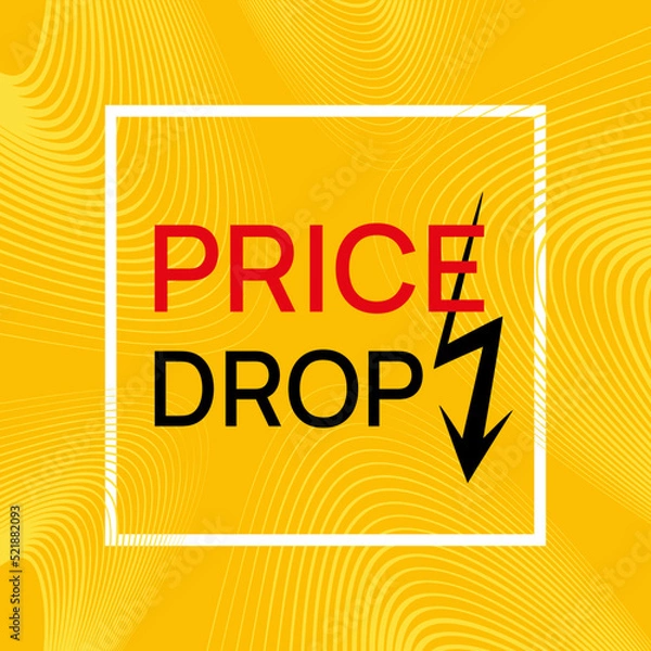 Fototapeta Prices are falling. Yellow label - drop price with black down arrow. Business banner. Shopping.