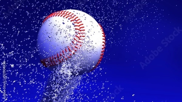 Obraz White-red Baseball with diamond splash particles under blue-black lighting background. 3D illustration. 3D high quality rendering. 3D CG.