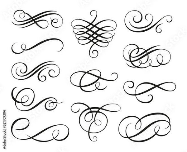 Fototapeta Vintage swirl ornament, line style flourishes set. Filigree calligraphic ornamental curls. Decorative retro design elements for menu, certificate diploma, wedding invatation card, outline text divider